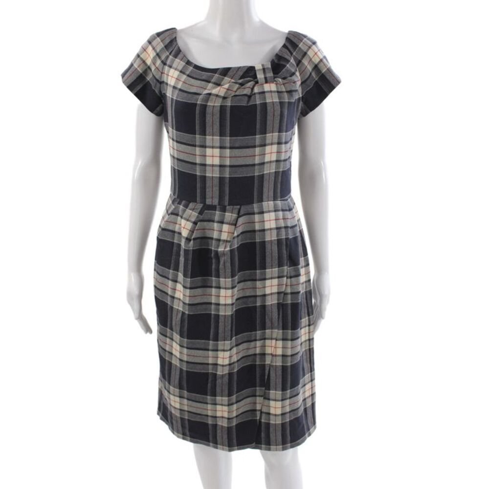 Kate Spade Women Black Plaid Wool Sheath Dress Short Sleeve Scoop Neck Size 6